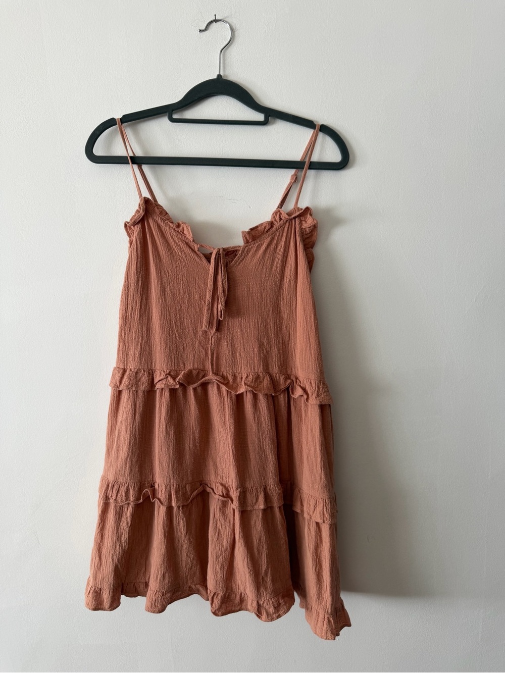 Polly Tiered Ruffle Spaghetti-Strap Mini Dress Rust Coral Linen Summer Dress 4